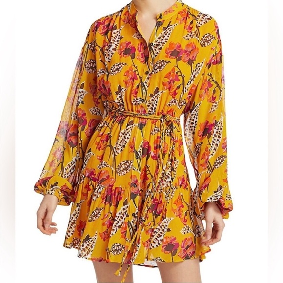 A.L.C. Yellow Floral Silk Jen Mini Dress Long Sleeve Belted Shirtdress Size XS S - Picture 5 of 16